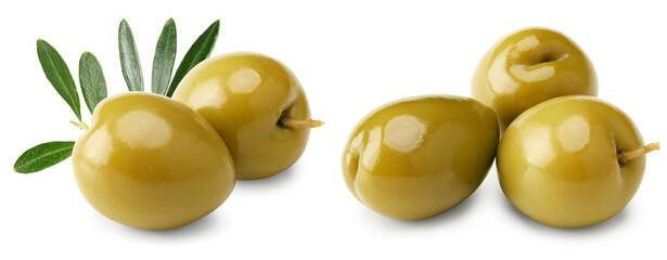 Wall Mural - green olives with green leaves isolated on white background. clipping path