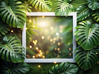 Canvas Print - A white frame encircled by vibrant tropical Monstera leaves, enhanced with a bokeh effect, perfect for nature-themed designs and invitations, providing ample copy space.