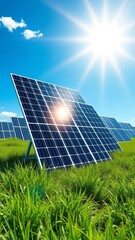 Banner of solar panels in green grass landscape with blue sky and sunlight - clean energy concept solar panel Ultra realistic Photorealistic 