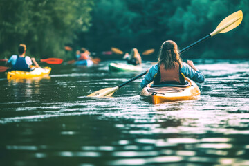 Summer outdoor adventure: group kayaking on serene lake ideal for recreation and leisure