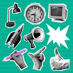 set of retro halftone design elements. paper cutout elements with alarm clock, loudspeaker, computer