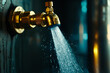 © INT888 - Close up of brass water valve with flowing water, showcasing details and reflections. image captures dynamic movement of water and metallic texture
