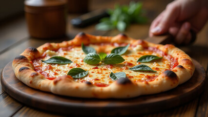 freshly baked hot steamed italian pizza with mozzarella, tomato and basil, close-up, pizzeria, Pizza Margherita