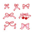 © viairevi - Set of elegant bow knots, gift bows. Collection of beautiful holiday decorative elements, festive present decor. Coquette pretty charming pink bow with cherry. Vintage hand drawn illustration