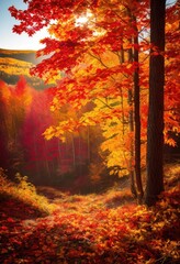 Wall Mural - stunning vibrant autumn foliage glows under soft natural light highlighting rich colors textures breathtaking nature scene, leaves, woods, forest, orange