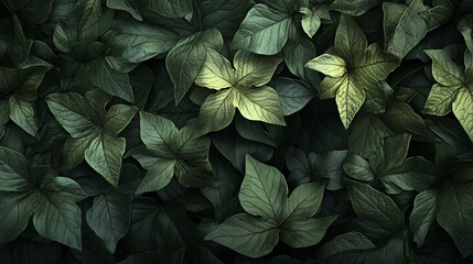 Wall Mural - 2410 39.A natural arrangement of dark green leaves, densely packed and highlighted by soft, diffused light. The veins and textures of the leaves are clearly defined, giving the image a sense of depth