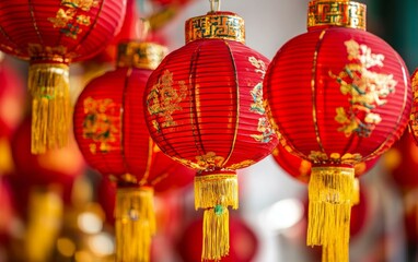 Vibrant red Chinese lanterns hanging in a row against a clear blue sky during a cultural festival.