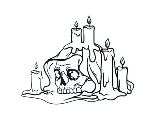 Wall Mural - Skull with candles, outline ink mystic drawing. Vintage skeleton head bone. Haunted creepy spooky tatoo design. Hand-drawn engraved retro style vector illustration isolated on white background