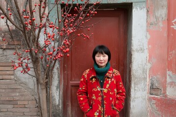 A young girl in casual attire standing confidently in front of a vibrant red door.