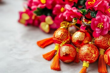 Vibrant red and gold Chinese New Year decorations with lanterns and traditional symbols.