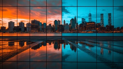 Urban skyline mirrored in a reflective surface at dusk, showcasing illuminated skyscrapers and city lights.