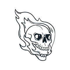 Wall Mural - Burning skull with fire flames, ink drawing. Vintage skeleton, dead head bone, detailed tattoo design in creepy haunted style. Hand-drawn engraved vector illustration isolated on white background