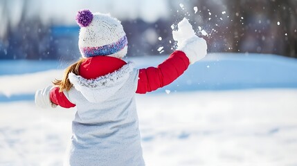 Young girl in a red coat playing joyfully in the snow on a sunny winter day.