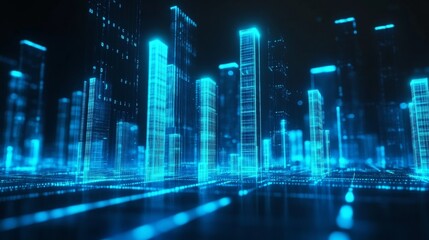 Poster - Futuristic Cityscape with Neon Blue Lighting