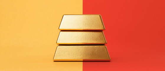 The image features three gold bars stacked on a vibrant background, split into yellow and red halves, symbolizing wealth and luxury.