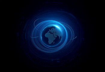 A glowing blue sphere resembling Earth is surrounded by swirling blue lines on a black background.