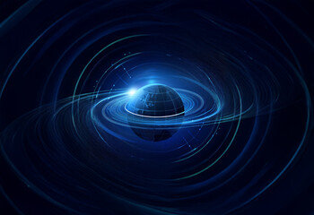 Wall Mural - a blue planet is surrounded by a series of swirling rings, glowing in the darkness of space.