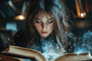 Young witch reading a magic book with glowing smoke and lights in a mystical library