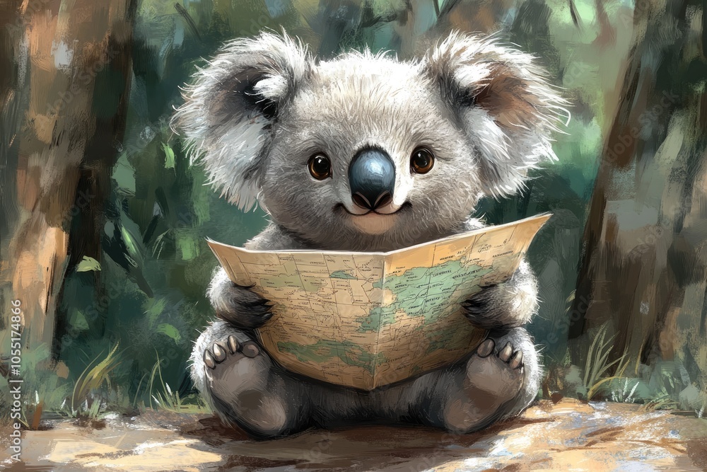 Cute koala reading a map in the australian forest Stock Illustration ...