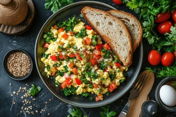 Wall Mural - Scrambled eggs with tomatoes, greens, and toasted bread for healthy breakfast