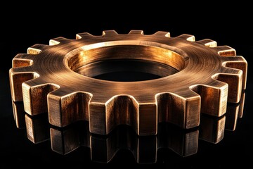 Aufkleber - Large golden gear rotating on black reflective surface