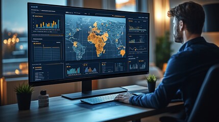 Man working on a computer with a large monitor showing data visualizations and a world map.