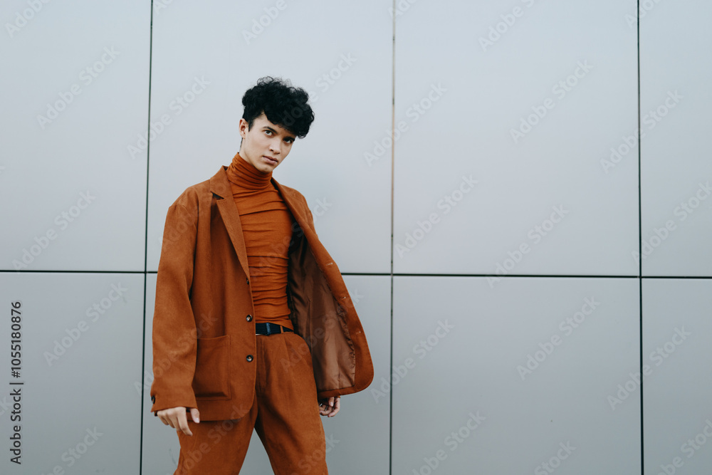 Stylish young man in a brown outfit posing confidently against a ...