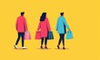 © vatcharapong - A vibrant illustration of three shoppers carrying colorful bags against a bright yellow background.