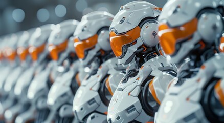 Group of artificial intelligence robots. group of cyborgs in factory