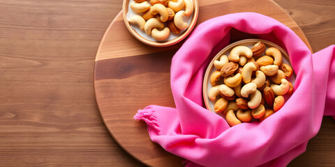 A bowl of nuts is sitting on a wooden table with a pink cloth draped over it