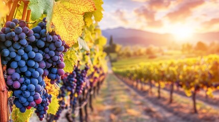 Wall Mural - A close-up of a cluster of ripe red grapes hanging on a vine in a vineyard at sunset, with rows of vines extending into the distance.