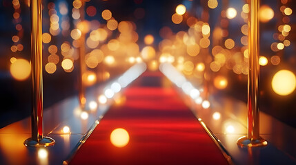 Wall Mural - Bokeh Red carpet and golden barrier. cinema festival concept