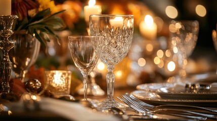 A beautifully set Thanksgiving table, with crystal glasses