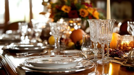 A beautifully set Thanksgiving table, with crystal glasses