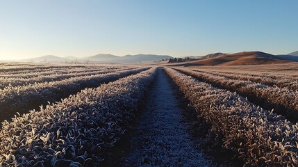 tea plants covered with a thin layer of frost during a chilly winter day, with a clear blue sky and 