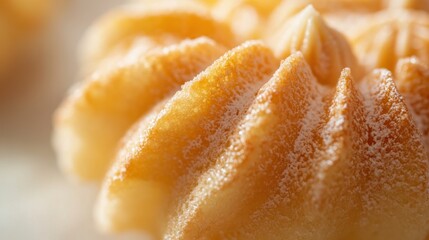 A close-up of a delicate Madeleine cake, its golden