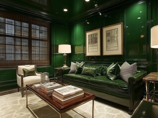 Green walls combined with metallic accents and clean-lined furniture for a sophisticated masculine room