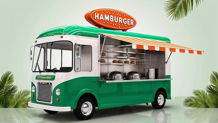 Image features a stylized, 3d retro-themed food truck with a vibrant color scheme. The truck is positioned in a tropical forest background.