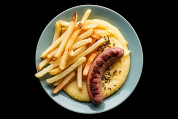 An isolated shot of a plate with French fries, a sausage, and polenta