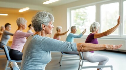 Seniors enjoying chair yoga class at a community center, practicing seated poses with guided instruction