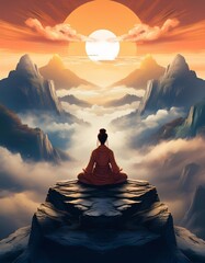 Canvas Print - Woman meditating on the top of a mountain at sunset. Vector illustration