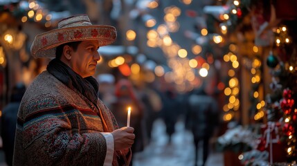 A man in traditional Mexican clothing holds a lit candle while standing in a beautifully decorated street, surrounded by warm lights and festive holiday decorations during a nighttime celebration