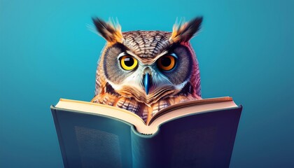 wisdom and education concept image with a wise owl reading a book on blue background with co