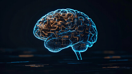 Futuristic brain design with circuits glowing on black background.