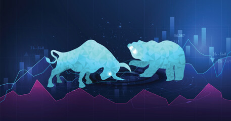 Aufkleber - Battle of a Bear market and a bull market. Bearish vs bullish in low poly wireframe style. business finance and investment concept.