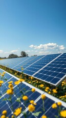 Solar panels amidst oilseed crops on sunny day solar panel Ultra realistic Photorealistic 