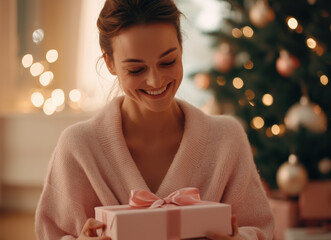 happy woman sits on floor near Christmas tree, opening gift with joy and excitement. warm atmosphere enhances festive spirit