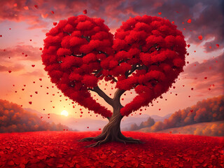 tree of love. red heart shaped tree at sunset. beautiful landscape with red tree and falling leaves.