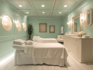 Mint walls paired with white furniture and soft lighting create a refreshing, serene spa atmosphere