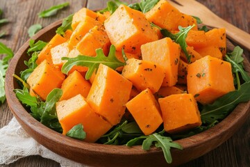 Sweet Potato Salad with Arugula and Fresh Herbs. Trendy Detox Diet with Copy Space